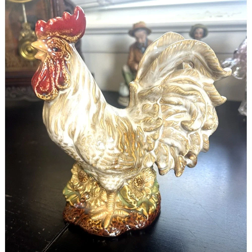 Vintage Style Rooster Figurine Gold White Ceramic Farmhouse Decor
